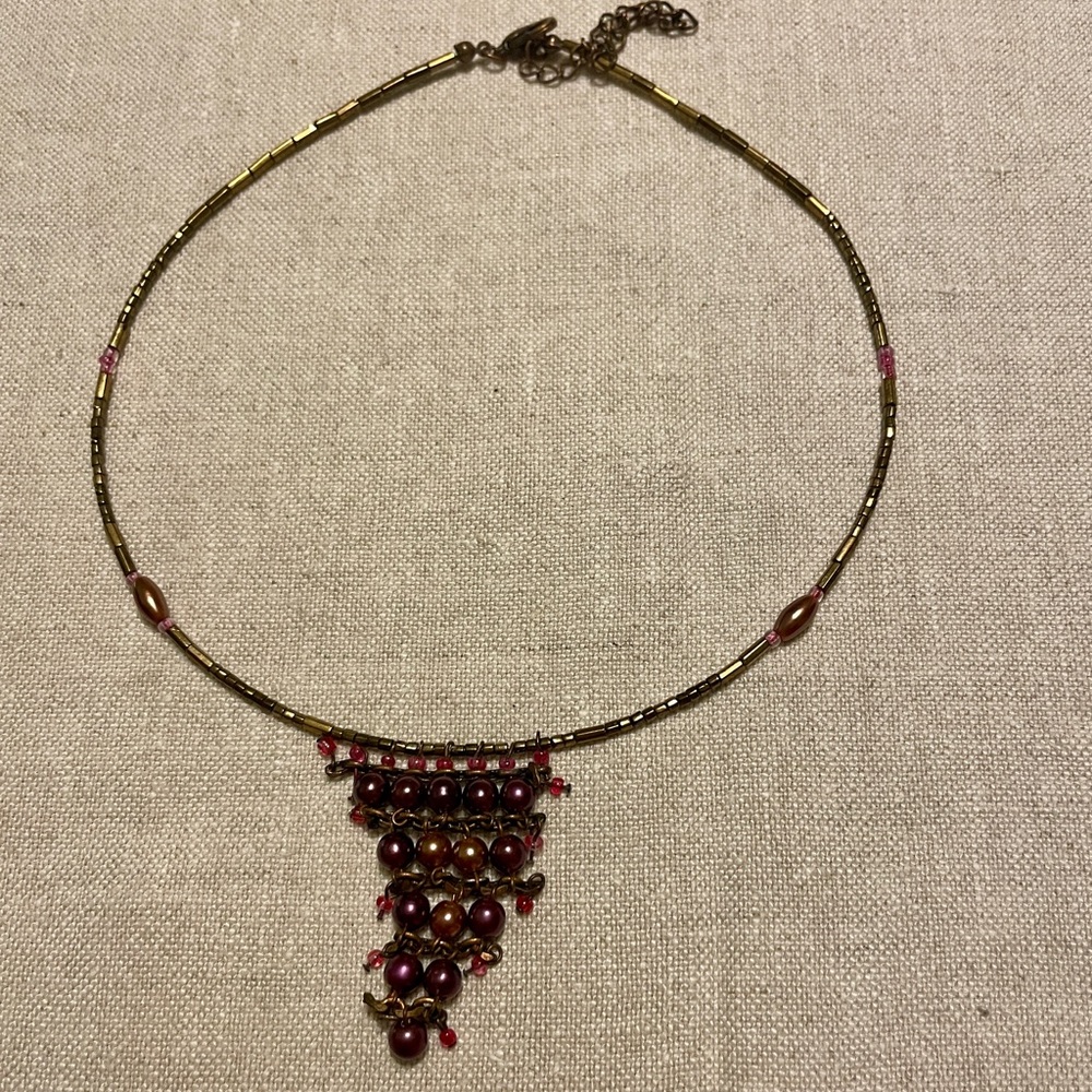 Handmade Beaded Necklace – Burgundy & Gold Tones | Statement Pendant